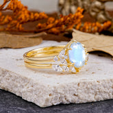 Luxury 6-Prong Oval-Cut Natural Moonstone Engagement Ring Set